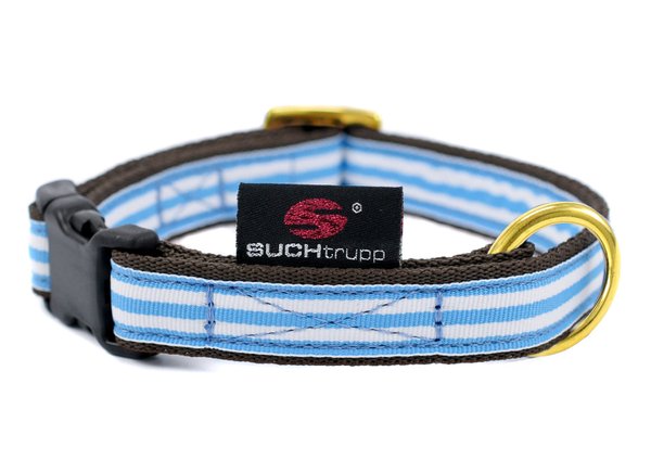 Hundehalsband small BLUE BEACH, maritime Hundehalsbänder für kleine Hunde, hellblau & weiß gestreift