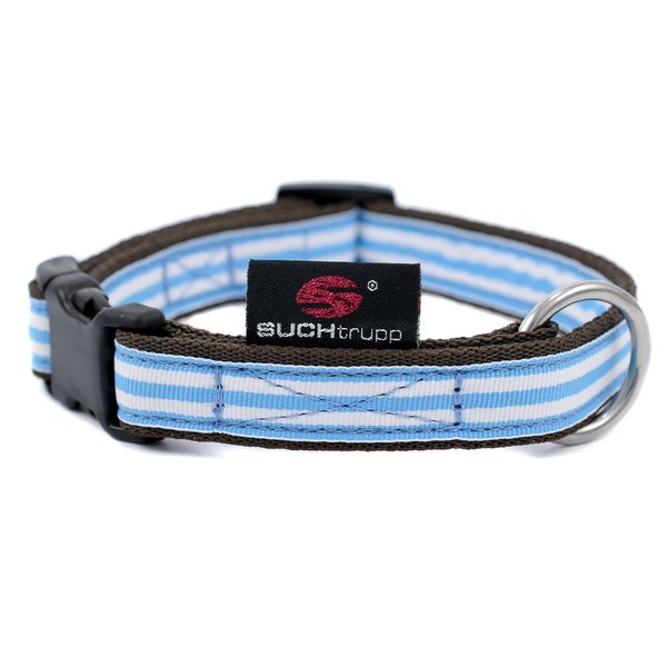 Hundehalsband small BLUE BEACH, maritime Hundehalsbänder für kleine Hunde, hellblau & weiß gestreift