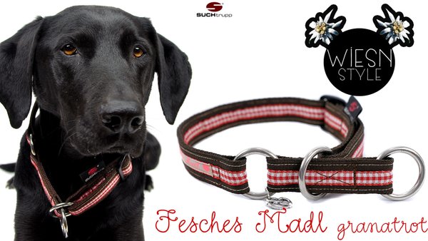 Wiesn-Schlupfhalsband, Stopp-Hundehalsband FESCHES MADL GRANATROT medium