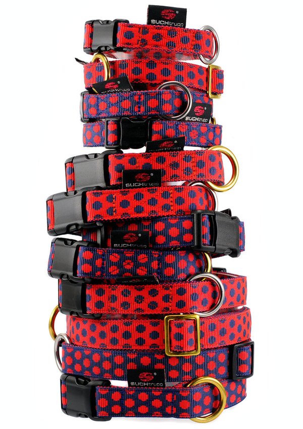 Hundehalsband DOTS DARKBLUE-RED large, Luxus Hundehalsbänder, mit hochwertigem Messing