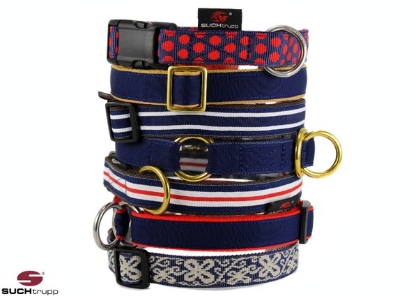 Hundehalsband DOTS DARKBLUE-RED large, stylische Design-Hundehalsbänder, dunkelblau & rot gepunktet