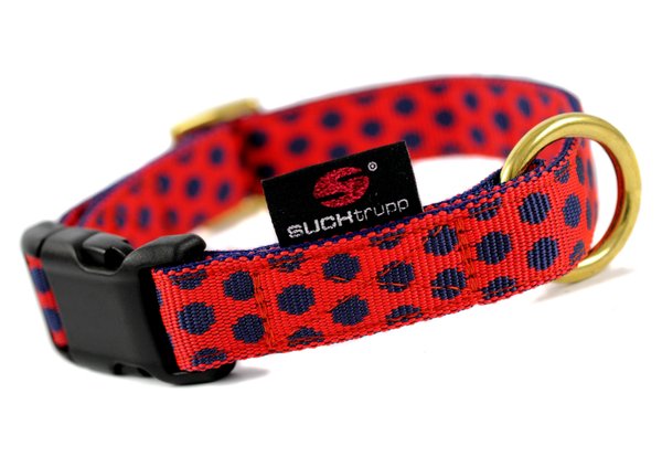 Hundehalsband DOTS RED-DARKBLUE medium, trendy Hundehalsbänder, rot mit dunkelblauen Punkten