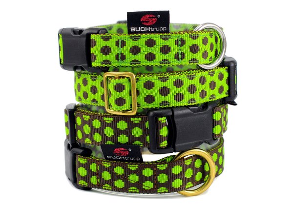 Hundehalsband DOTS LIMEGREEN-BROWN  medium, Design Hundehalsbänder frisches Grün mit braunen Punkten