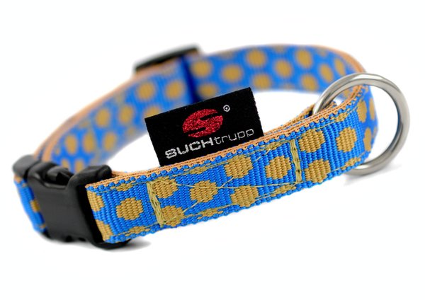 Hundehalsband DOTS ROYALBLUE-BEIGE small, Hundehalsbänder, blau-beige Punkte, gold o. silber Details