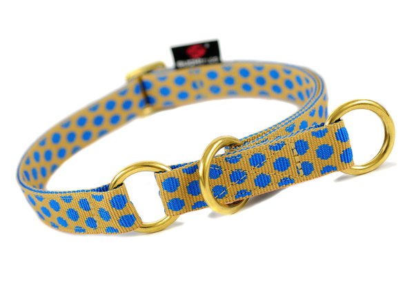 Schlupfhalsband, schönes Zugstopp-Hundehalsband, DOTS BEIGE-ROYALBLUE large, beige-blau gepunktet