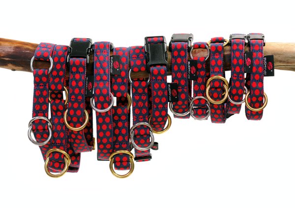 Schlupfhalsband, edles Zugstopp-Halsband, DOTS DARKBLUE-RED large, Messing, sehr beliebtes Design.