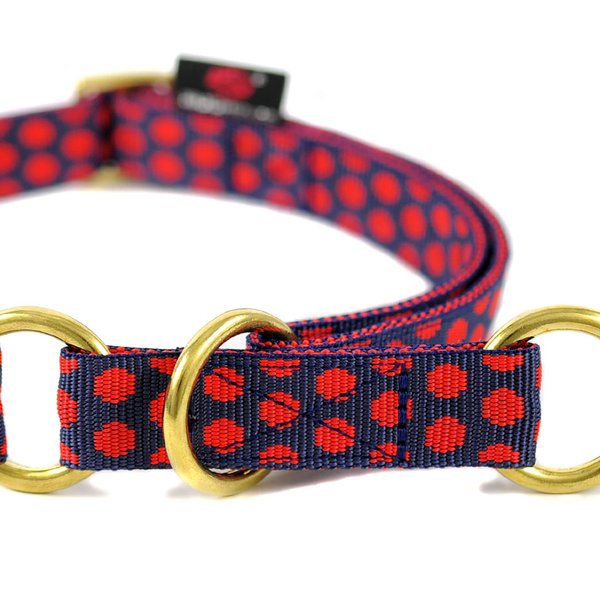 Schlupfhalsband, edles Zugstopp-Halsband, DOTS DARKBLUE-RED large, Messing, sehr beliebtes Design.