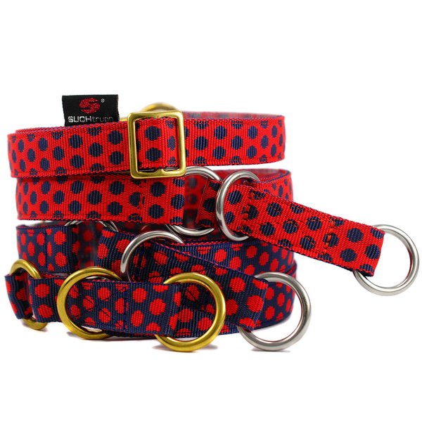 Schlupfhalsband,  Zugstopp-Hundehalsband, DOTS DARKBLUE-RED large, blau-rot gepunktet, TOPSELLER.