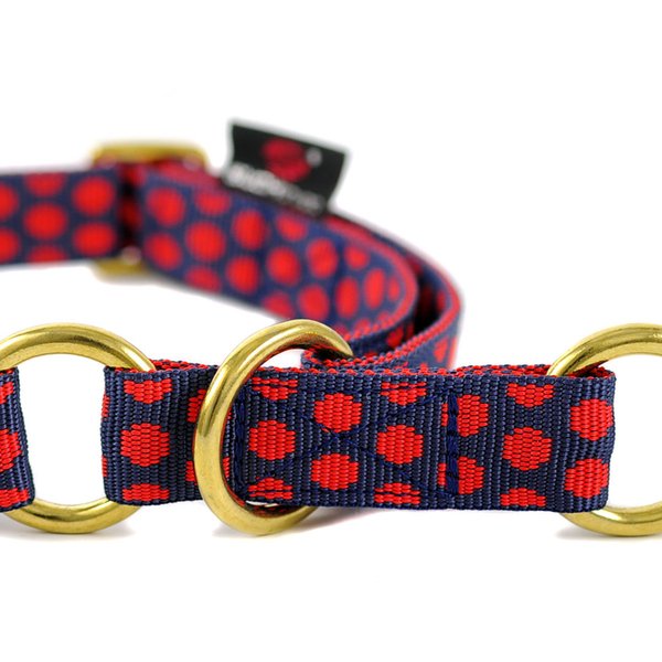 Schlupfhalsband, Hundehalsband mit Stopp, DOTS DARKBLUE-RED medium, Hundehalsbänder Messing