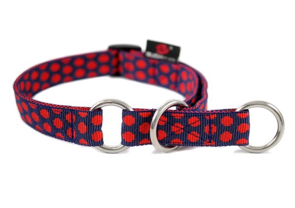 Schlupfhalsband, Designer Zugstopp Halsband, DOTS DARKBLUE-RED medium, dunkelblau rot gepunktet