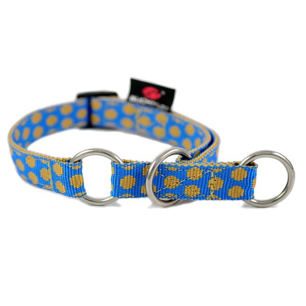 Luxus Schlupfhalsband / Hundehalsband mit Zugstopp, DOTS ROYALBLUE-BEIGE small, Messing-Details