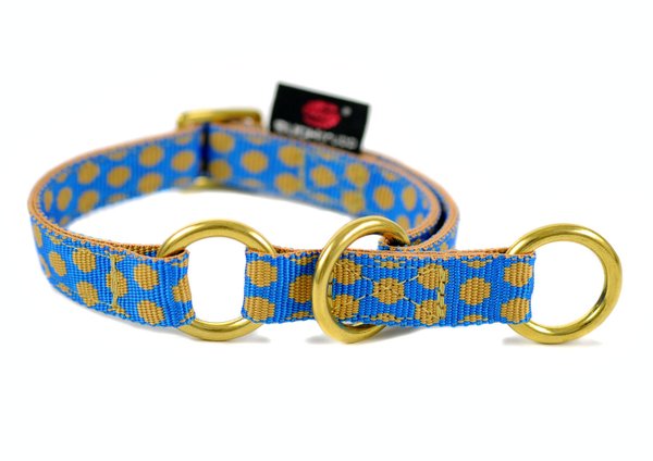 Luxus Schlupfhalsband / Hundehalsband mit Zugstopp, DOTS ROYALBLUE-BEIGE small, Messing-Details