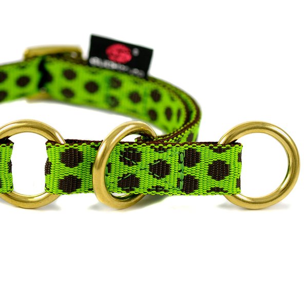 Schlupfhalsband, Zugstopp Hundehalsband, DOTS LIMEGREEN-BROWN small, grün & braune Punkte, Messing