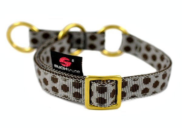 Schlupfhalsband, Zugstopp Halsband, DOTS GREY-BROWN small, Luxus mit Messing-Details, grau & braun