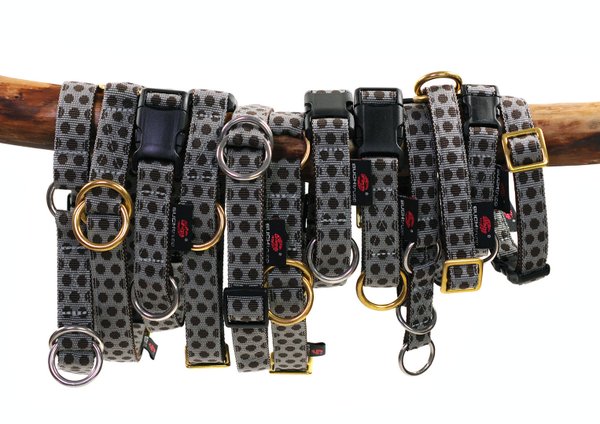 Schlupfhalsband, Zugstopp Halsband, DOTS GREY-BROWN small, Luxus mit Messing-Details, grau & braun