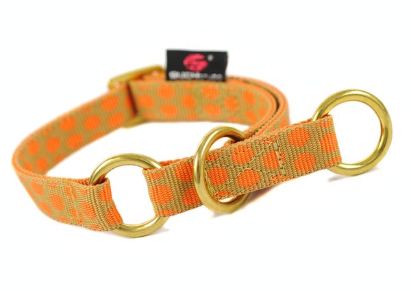 Schlupfhalsband / Hundehalsband mit Stopp, DOTS BEIGE-ORANGE small, gepunktet, Messing-Details.