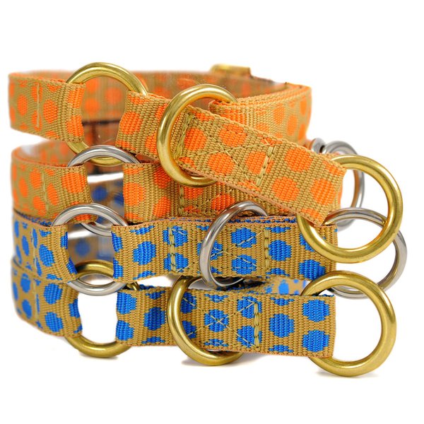 Schlupfhalsband / Hundehalsband mit Stopp, DOTS BEIGE-ORANGE small, gepunktet, Messing-Details.