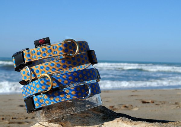 Hundehalsband DOTS ROYALBLUE-BEIGE medium, Luxus Hundehalsbänder, royalblau mit beigen Punkten