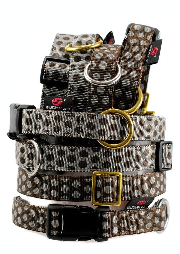 Hundehalsband DOTS BROWN-GREY large, Hundehalsbänder mit Messing, purer Luxus