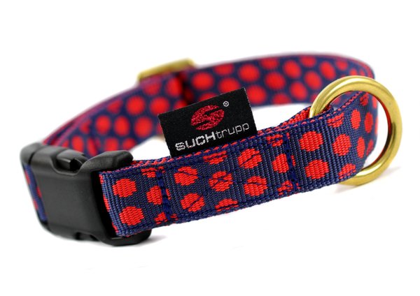 Hundehalsband DOTS DARKBLUE-RED medium, ausgefallene Hundehalsbänder rote Punkte auf dunkelblau