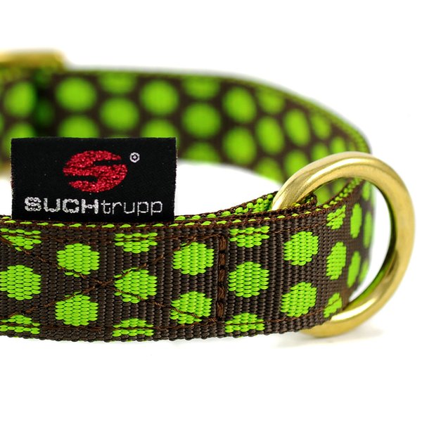 Hundehalsband DOTS BROWN-LIMEGREEN medium, trendy Hundehalsbänder braun mit grünen Punkten