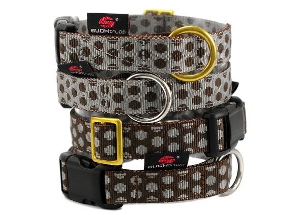 Hundehalsband DOTS GREY-BROWN  medium, hochwertige Hundehalsbänder mit Messing, grau-braun gepunktet