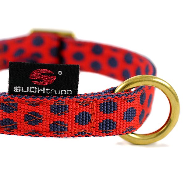 Hundehalsband DOTS RED-DARKBLUE small, schöne Hundehalsbänder rot mit dunkelblauen Punkten.