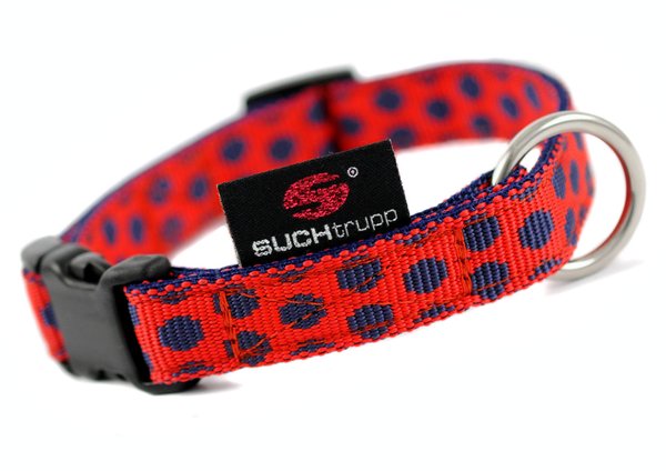 Hundehalsband DOTS RED-DARKBLUE small, schöne Hundehalsbänder rot mit dunkelblauen Punkten.