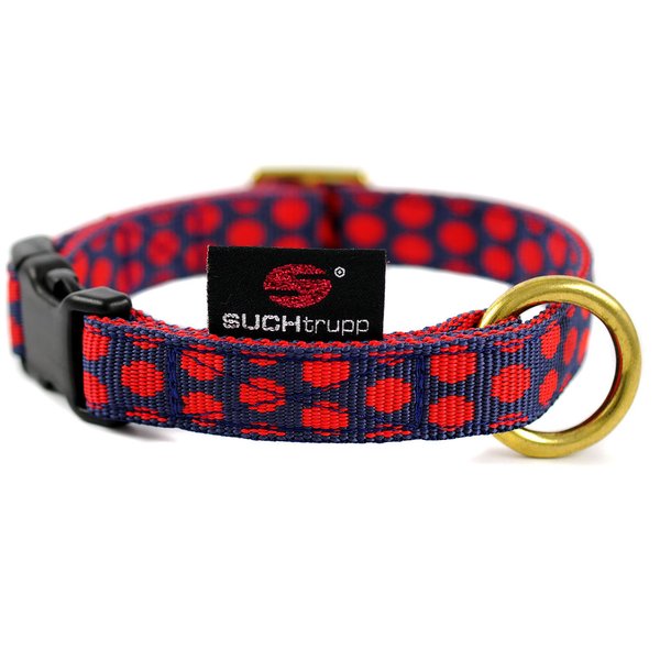 Hundehalsband DOTS DARKBLUE-RED small, Luxus Hundehalsbänder, blau-rote Punkte edle Messingdetails.