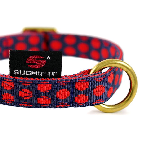 Hundehalsband DOTS DARKBLUE-RED small, Luxus Hundehalsbänder, blau-rote Punkte edle Messingdetails.