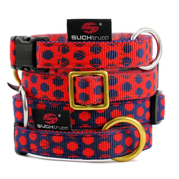 Hundehalsband DOTS DARKBLUE-RED small, stylische Hundehalsbänder, dunkelblau-rot gepunktet, WAU? Wow
