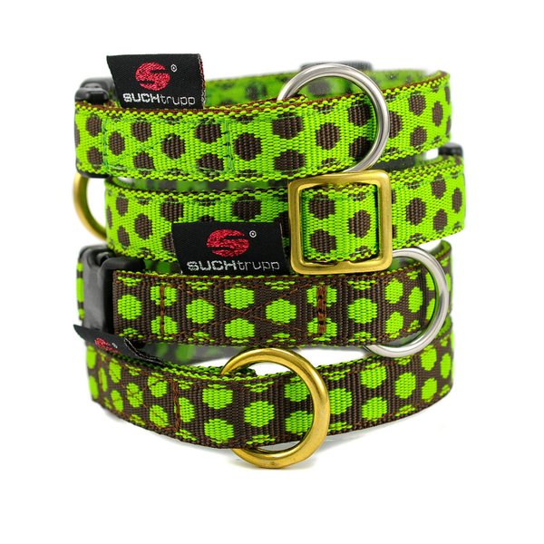 Hundehalsband DOTS LIMEGREEN-BROWN small, gepunktete Hundehalsbänder grün & schokobraun