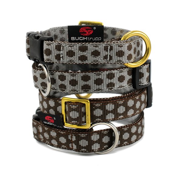 Hundehalsband DOTS BROWN-GREY small, Manufaktur Hundehalsbänder, schokobraun mit grauen Punkten.