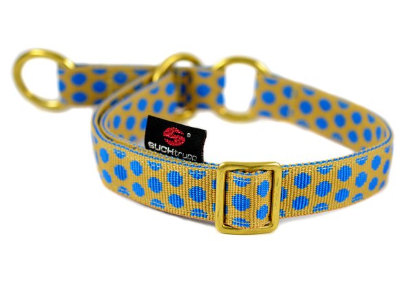 Schlupfhalsband, schönes Zugstopp Hundehalsband, DOTS BEIGE-ROYALBLUE medium, beige-blau gepunktet