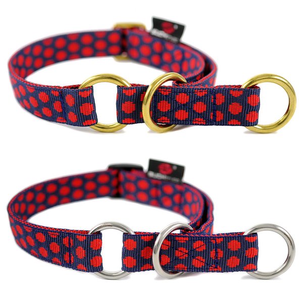 Schlupfhalsband, Designer Zugstopp Halsband, DOTS DARKBLUE-RED medium, dunkelblau rot gepunktet