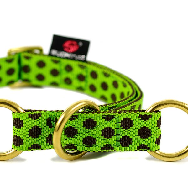 Schlupfhalsband, handgemachtes Zugstopp Hundehalsbänder, DOTS LIMEGREEN-BROWN medium, grün & braun