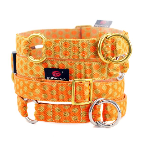 Schlupfhalsband, Zugstopp-Hundehalsband, DOTS BEIGE-ORANGE medium golden, luxuriöse Messing-Details