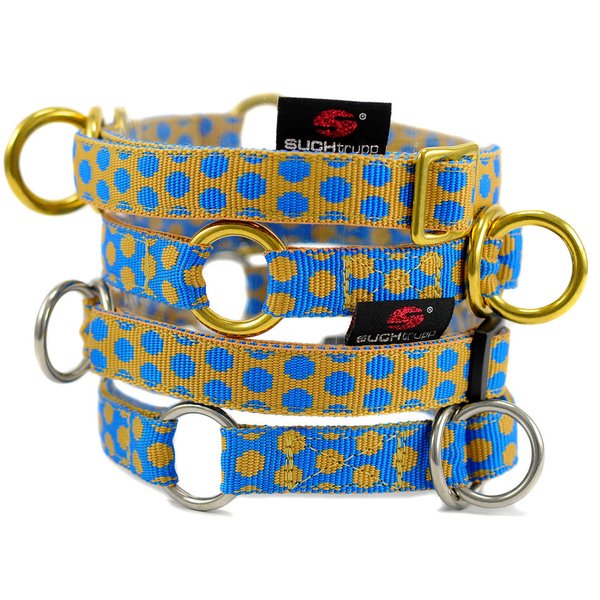 Schlupfhalsband / Luxus Hundehalsband mit Stopp, DOTS BEIGE-ROYALBLUE small, Messing-Details