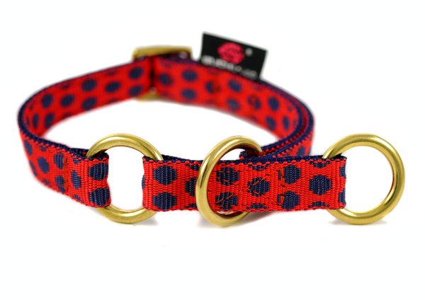 Schlupfhalsband, Luxus Zugstopp Halsband, DOTS RED-DARKBLUE small, mit edlen Messing-Details.