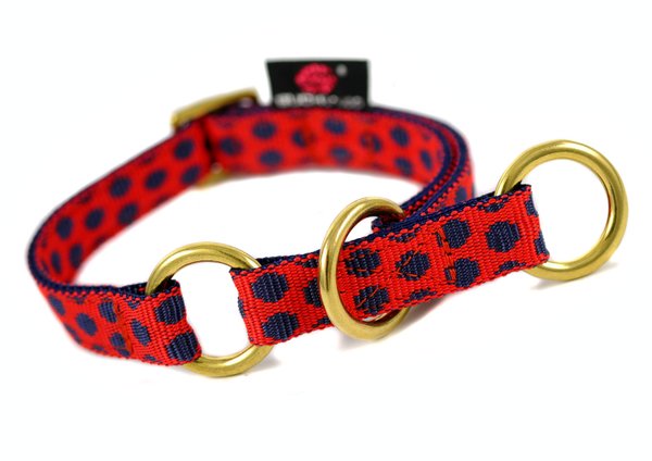 Schlupfhalsband, Luxus Zugstopp Halsband, DOTS RED-DARKBLUE small, mit edlen Messing-Details.