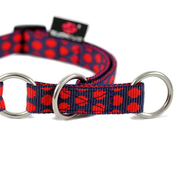 Schlupfhalsband, Zugstopp-Halsband, DOTS DARKBLUE-RED small, schönes dunkelblau & rote Punkte.