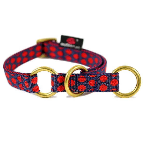 Schlupfhalsband, Zugstopp-Halsband, DOTS DARKBLUE-RED small, schönes dunkelblau & rote Punkte.