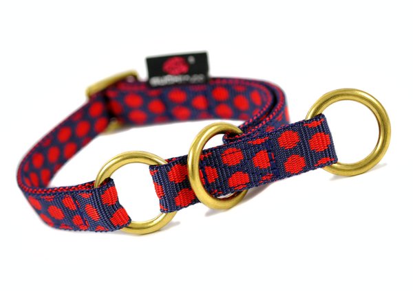 Schlupfhalsband, Hundehalsband mit Stopp, DOTS DARKBLUE-RED small, blau-rot gepunktet mit Messing.