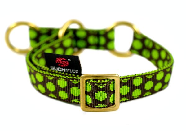 Schlupfhalsband / Zugstopp Halsband, DOTS BROWN-LIMEGREEN small, braun-grün gepunktet kleine Hunde.